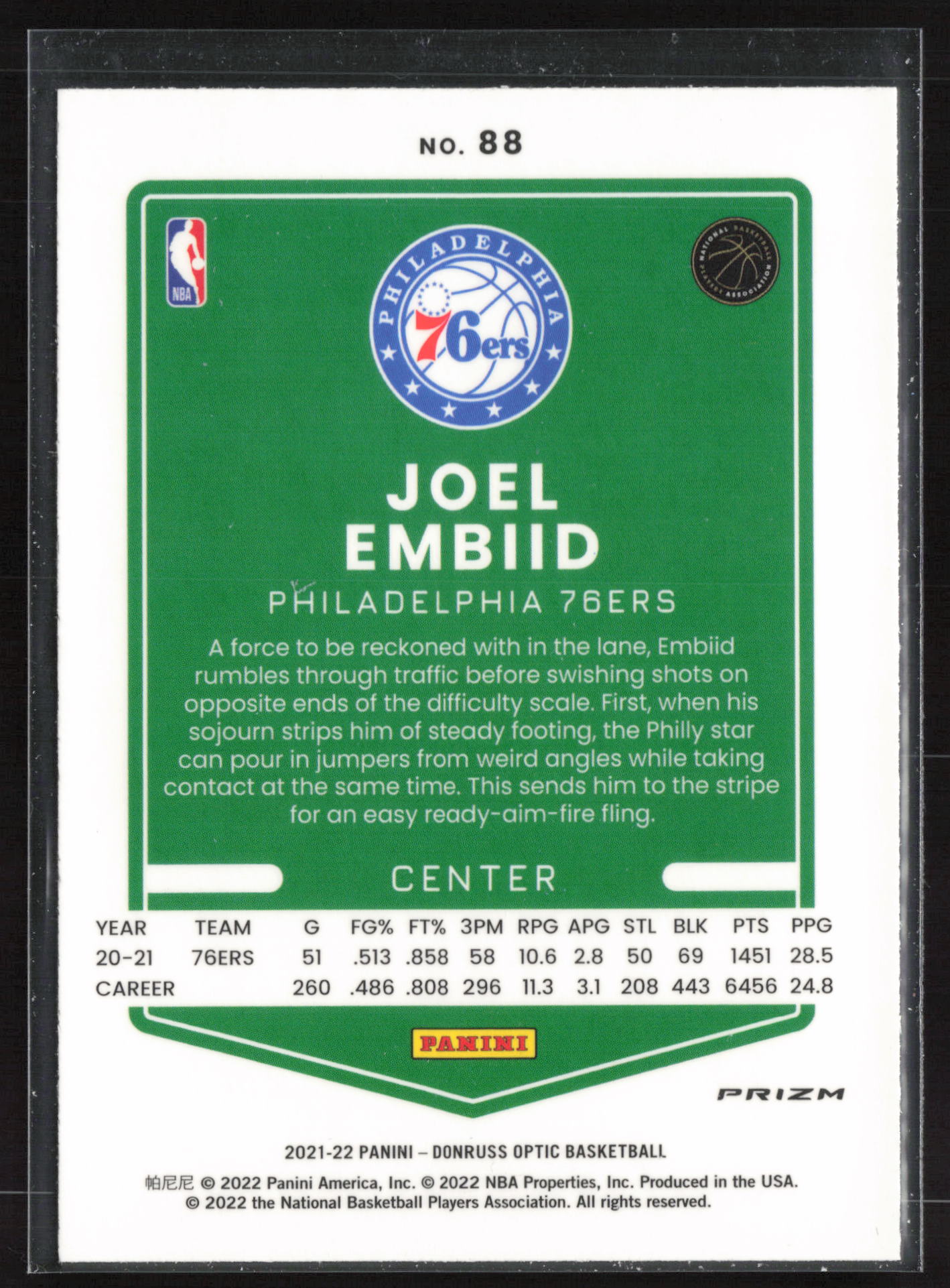 2021-22 Donruss Optic #88 Joel Embiid Purple